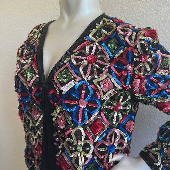 Sweelo Vintage 80s Silk Floral Sequin Beaded Jacket Multicolor - Picture 4 of 9